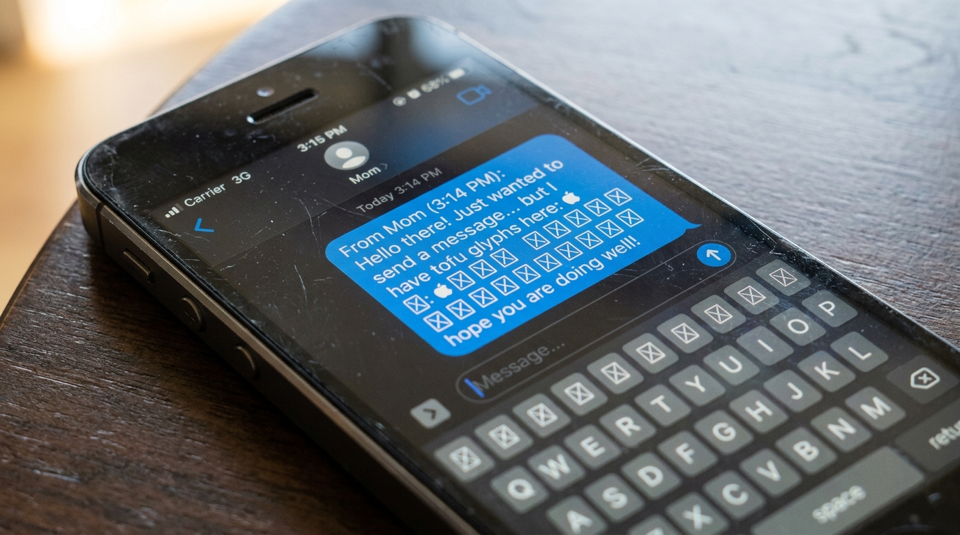 Close-up of smartphone screen displaying missing character box symbols with X inside tofu glyphs in messaging app