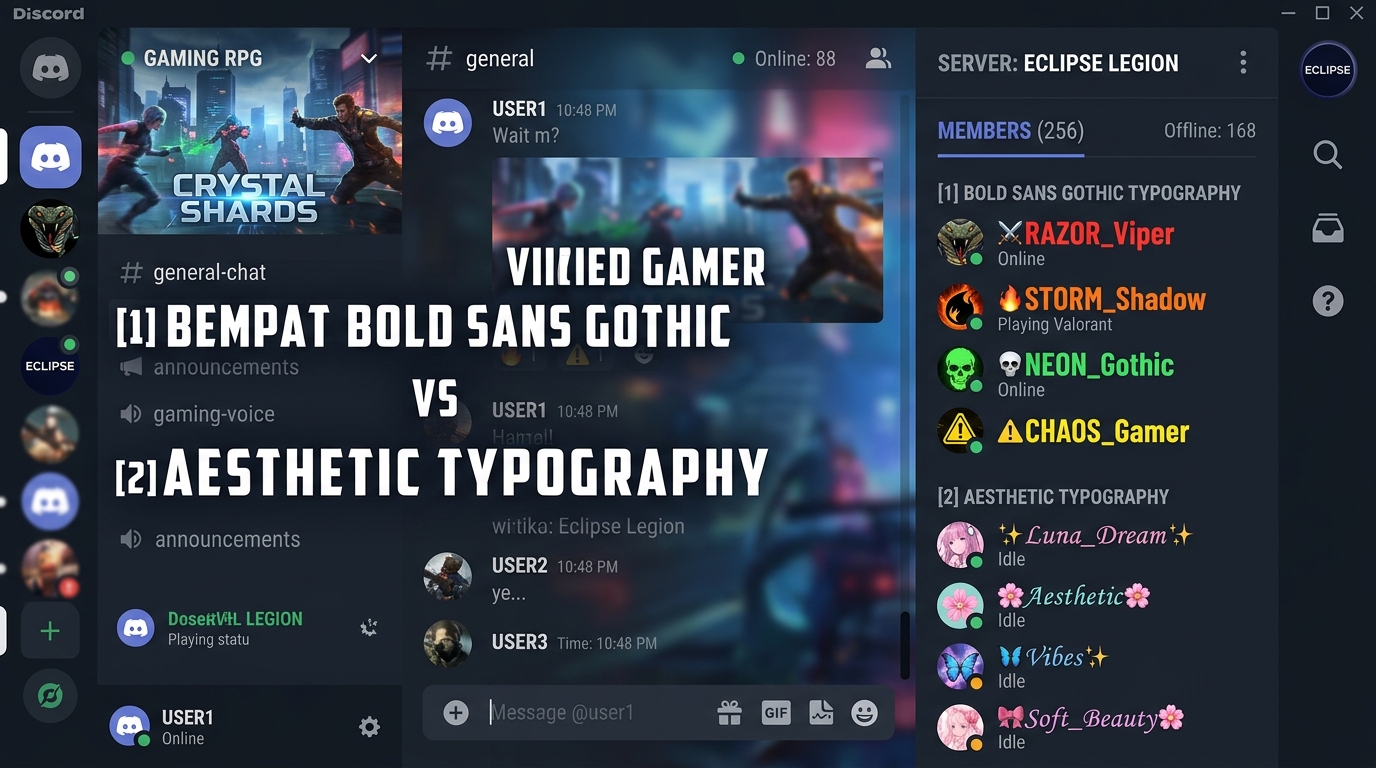 Discord server member list sidebar showing VIP gamer usernames comparing bold sans gothic and aesthetic styles