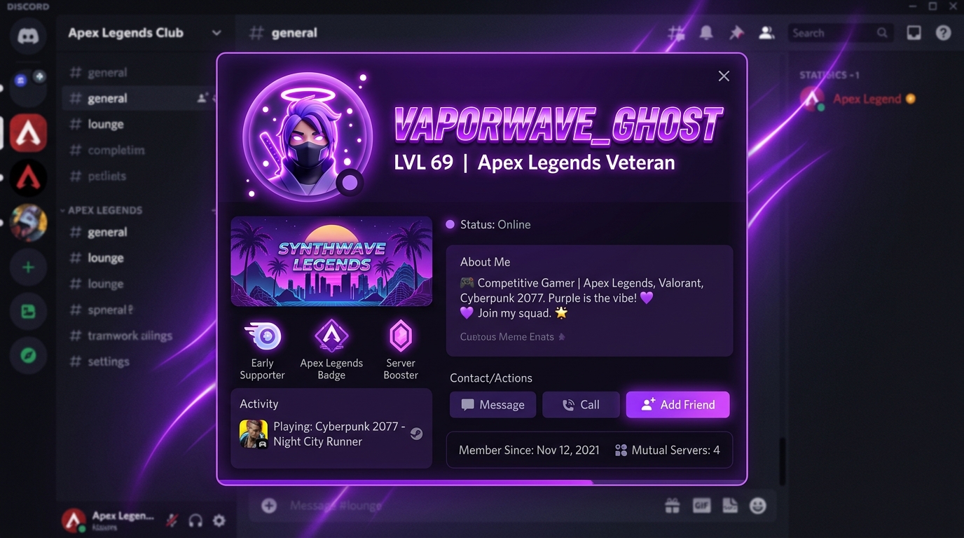 Discord user profile card modal showing big bold stylized display name with neon gamer theme