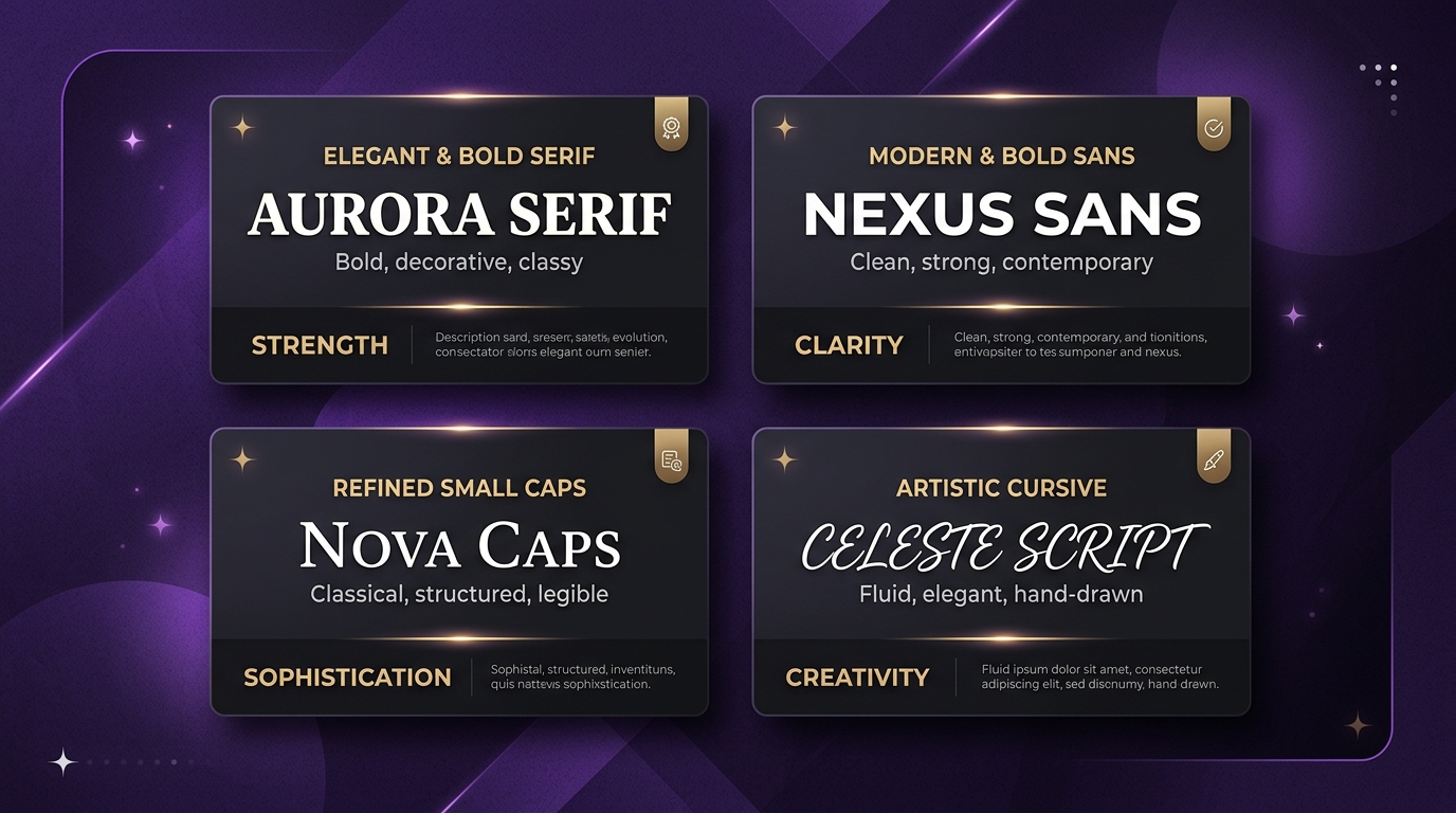 Showcase cards displaying different aesthetic typography styles including bold serif, sans, and small caps