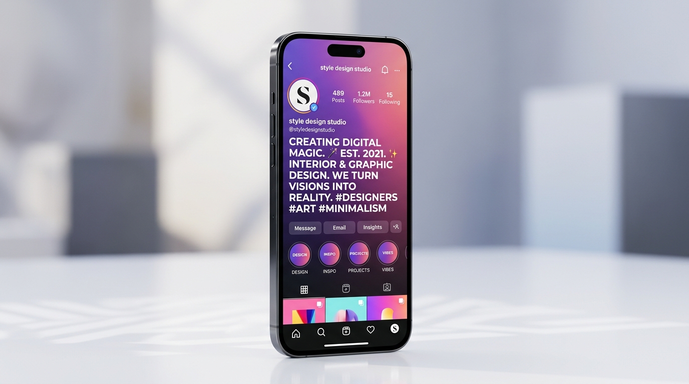 Smartphone showing Instagram profile with stylish big bold typography in bio