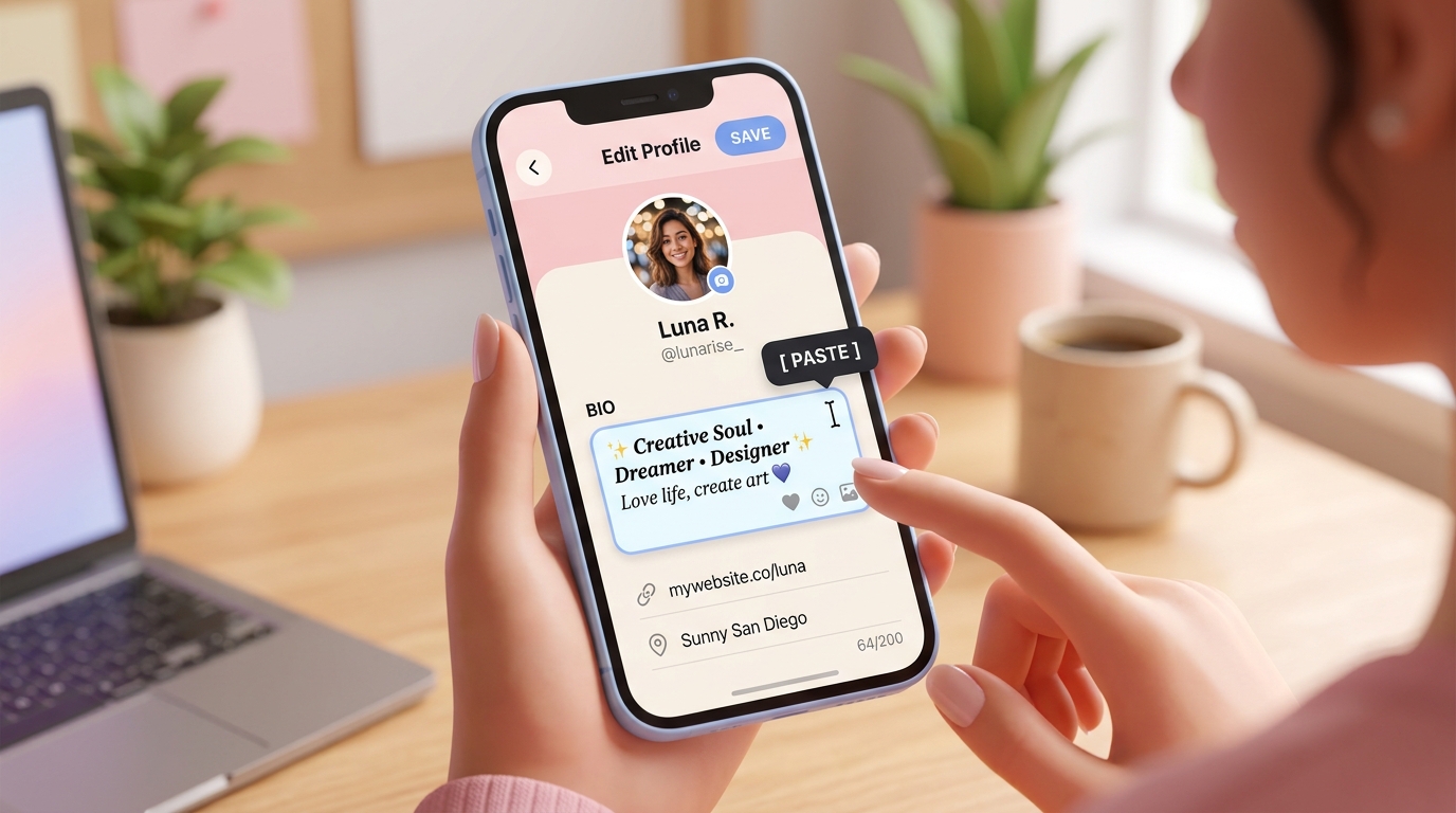 User interface of smartphone editing Instagram profile bio and pasting custom bold text