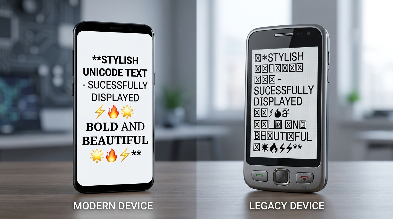 Comparison view of two smartphones side by side showing modern phone rendering Unicode text vs legacy older phone displaying tofu boxes