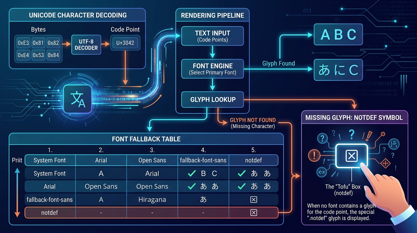 Technical diagram showing Unicode character decoding pipeline font fallback table and missing glyph leading to notdef tofu box