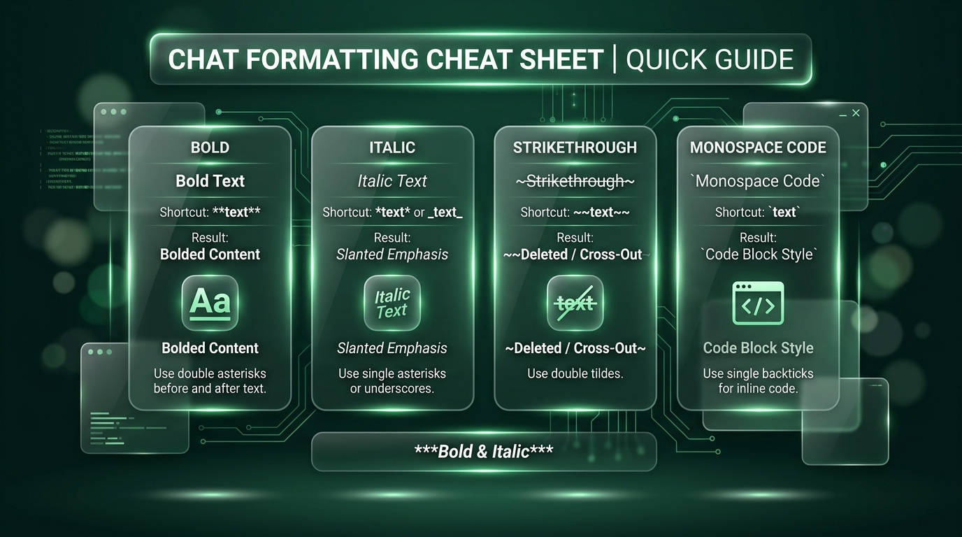 Infographic cheat sheet display showing WhatsApp formatting shortcuts asterisks bold tildes and monospace
