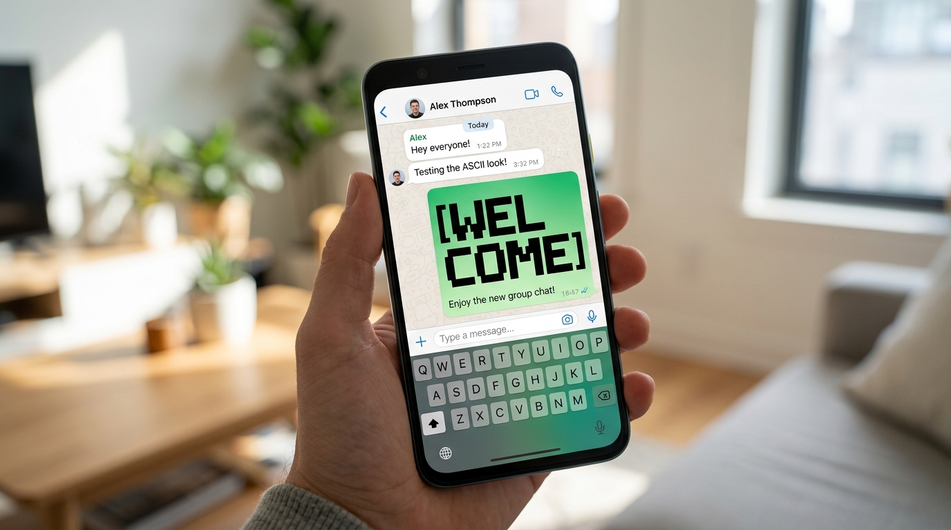 Smartphone showing WhatsApp chat with big bold text and multi-line ASCII block banner