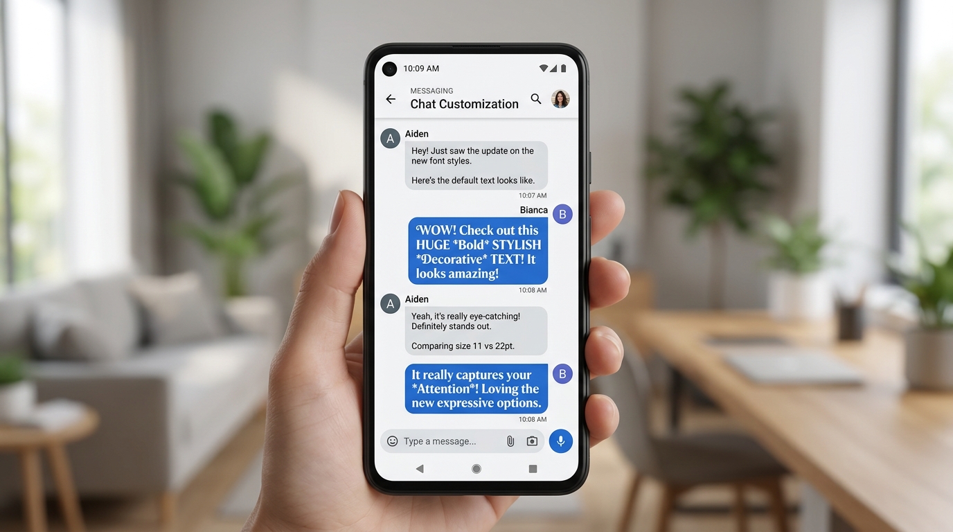 Smartphone screen showing chat bubbles comparing small standard text with big bold stylish decorative text